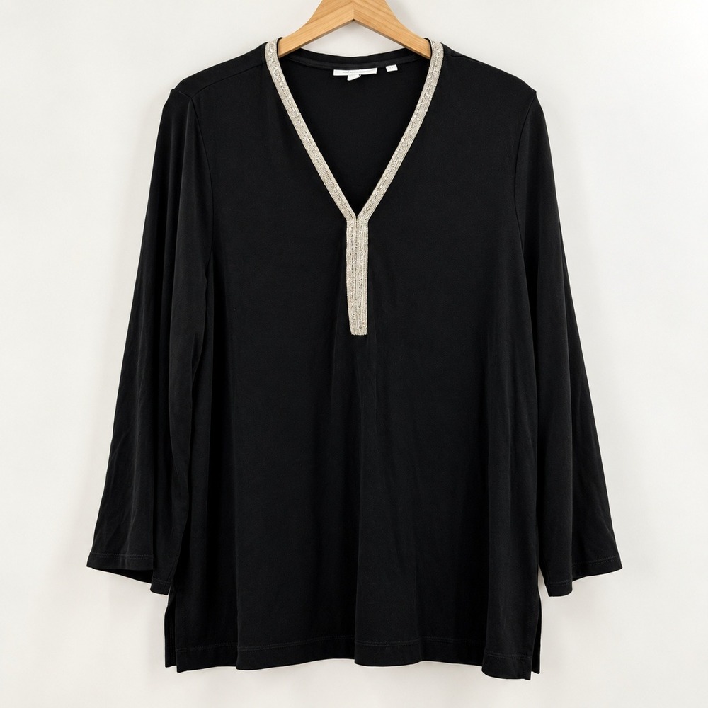 Chico's Glitz Glam Tunic Top Women XL 3 Sparkle Metallic Trim V-Neck Black Long